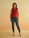 BLOCKS OF INDIA Linen Blend Cotton Sleeveless Top For Women Maroon
