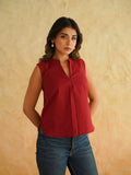 BLOCKS OF INDIA Linen Blend Cotton Sleeveless Top For Women Maroon