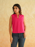 BLOCKS OF INDIA Linen Blend Cotton Sleeveless Top For Women Pink