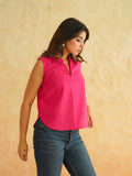 BLOCKS OF INDIA Linen Blend Cotton Sleeveless Top For Women Pink