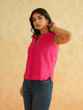 BLOCKS OF INDIA Linen Blend Cotton Sleeveless Top For Women Pink