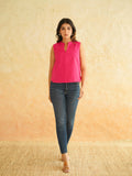 BLOCKS OF INDIA Linen Blend Cotton Sleeveless Top For Women Pink
