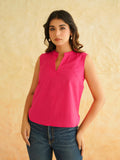 BLOCKS OF INDIA Linen Blend Cotton Sleeveless Top For Women Pink