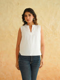 BLOCKS OF INDIA Linen Blend Cotton Sleeveless Top For Women White
