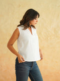 BLOCKS OF INDIA Linen Blend Cotton Sleeveless Top For Women White