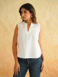 BLOCKS OF INDIA Linen Blend Cotton Sleeveless Top For Women White