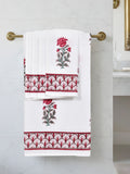 Cotton Hand Block Printed Soft Waffle Fabric Towel Set : 1 Bath Towel and 4 Hand Towel (Towel set 14)