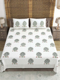 Hand Block Printed Cotton Super King Size Bedsheet(270x 270) (TREE OF LIFE GREY)