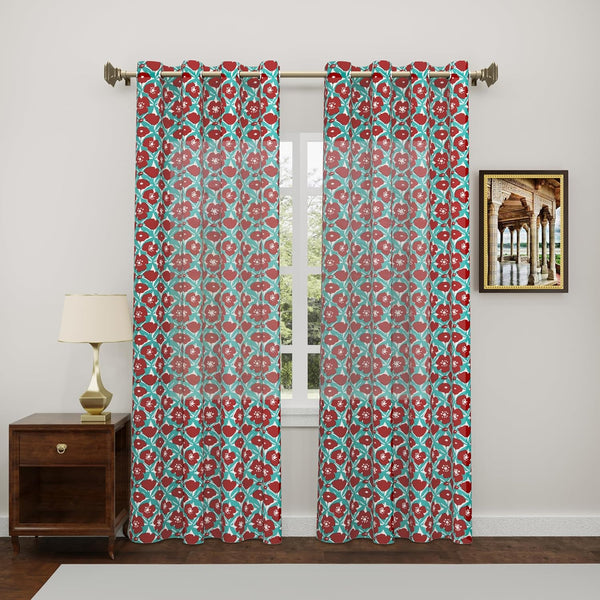 BLOCKS OF INDIA Hand Block Printed Cotton Daylight Curtain with Eyelets(Set of 2 Curtains) (Flower 244 cm / Door) (Turquoise flower)
