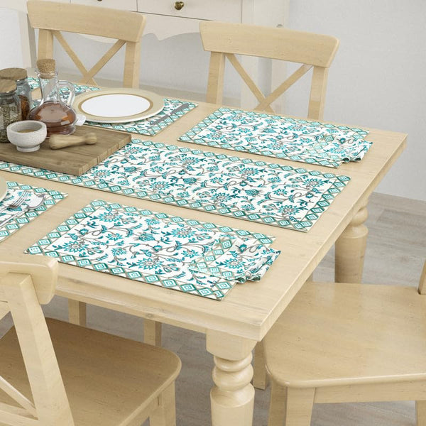 BLOCKS OF INDIA Hand Block Printed Cotton Table Runner, Mat and Napkin Set for Center/Dining Table (Turq Jaal)