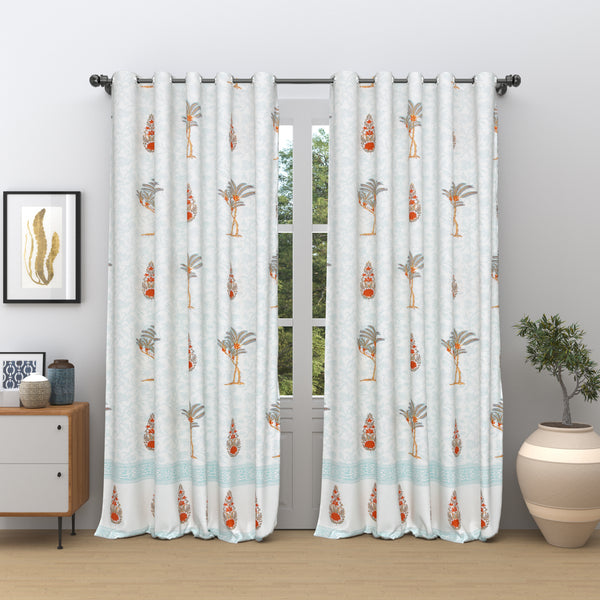 BLOCKS OF INDIA Hand Block Printed Cotton Daylight Curtain with Eyelets(Set of 2 Curtains) (Flower 214 cm / Door)