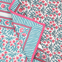 BLOCKS OF INDIA Hand Block Printed Cotton Summer Single Size Reversible Printed Malmal Dohar Turquoise pink jaal