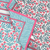 BLOCKS OF INDIA Hand Block Printed Cotton Summer Single Size Reversible Printed Malmal Dohar Turquoise pink jaal