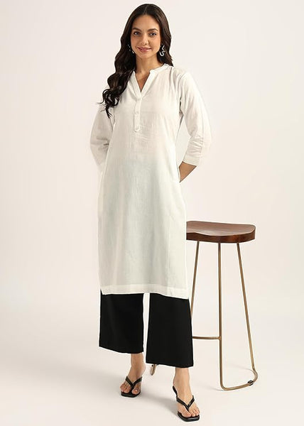 BLOCKS OF INDIA Cotton Hand Solid Long Kurti for Women Solid White