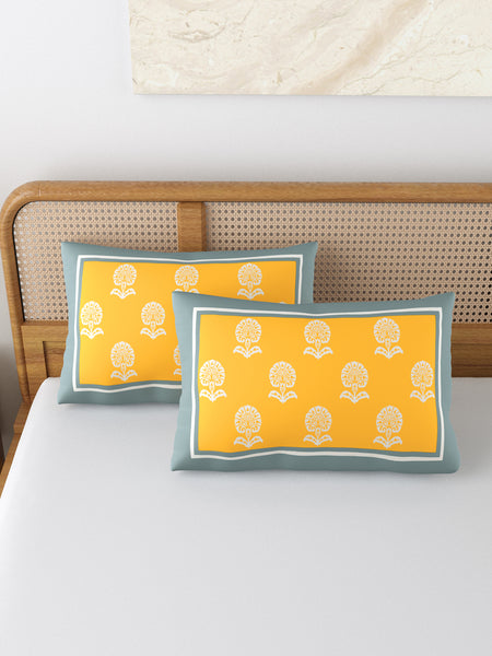 Rajasthani Handmade Hand Block Print Cotton Pillow Cover , Yellow Buti Procein (2 Pcs)