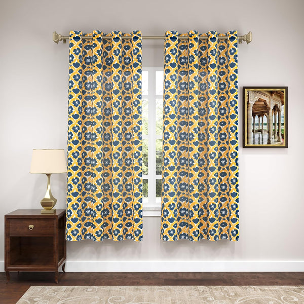 BLOCKS OF INDIA Cotton Paisley Window Curtains With Eyelets, 153 Centimeter, Yellow, Set Of 2, (Yellow Flower)