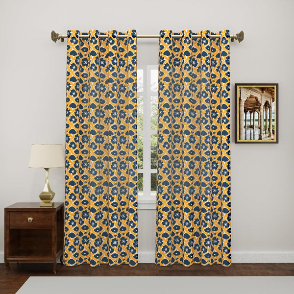 BLOCKS OF INDIA Hand Block Printed Cotton Daylight Curtain with Eyelets(Set of 2 Curtains) (Flower 244 cm / Door) (Yellow flower)