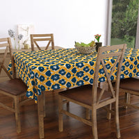 BLOCKS OF INDIA Cotton Hand Block Print Rectangular Table Cloth for 4 Seater Dining Table (46 Inch X 60 Inch) (Yellow Flower)