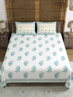 King Size Pure Cotton Hand Block Print Bedsheet (Turquoise Boota Paisley)