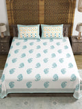 King Size Pure Cotton Hand Block Print Bedsheet (Turquoise Boota Paisley)