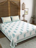 King Size Pure Cotton Hand Block Print Bedsheet (Turquoise Boota Paisley)