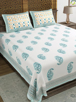 King Size Pure Cotton Hand Block Print Bedsheet (Turquoise Boota Paisley)