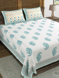 King Size Pure Cotton Hand Block Print Bedsheet (Turquoise Boota Paisley)