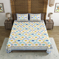 BLOCKS OF INDIA Hand Block Print Cotton King Size Bedsheet (90 X 108 INCH) (Blue Ikat)
