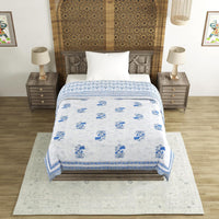 Cotton Single Size Quilt/ Rajai Hand Block Print for Light Winters (150x225 cm) (Blue Leaf)