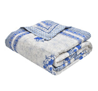 Cotton Single Size Quilt/ Rajai Hand Block Print for Light Winters (150x225 cm) (Blue Leaf)
