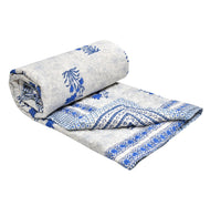 Cotton Single Size Quilt/ Rajai Hand Block Print for Light Winters (150x225 cm) (Blue Leaf)