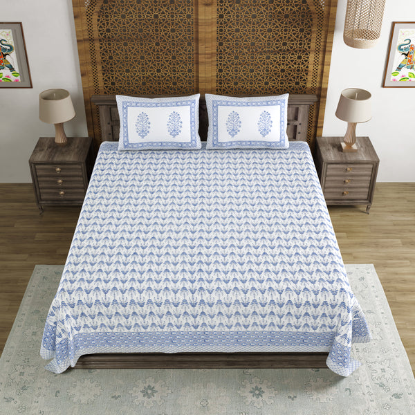 BLOCKS OF INDIA Hand Block Print Cotton King Size Bedsheet (Blue Leaf)