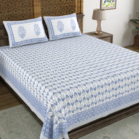 BLOCKS OF INDIA Hand Block Print Cotton King Size Bedsheet (Blue Leaf)