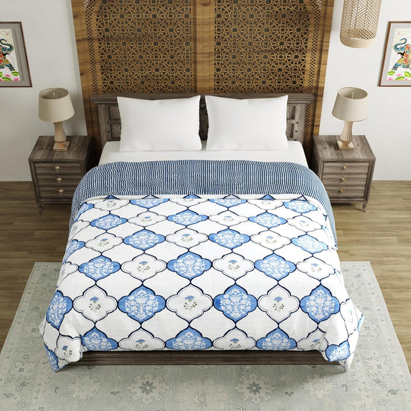 BLOCKS OF INDIA Hand Block Printed Cotton King Size Quilt (Blue Mughal)