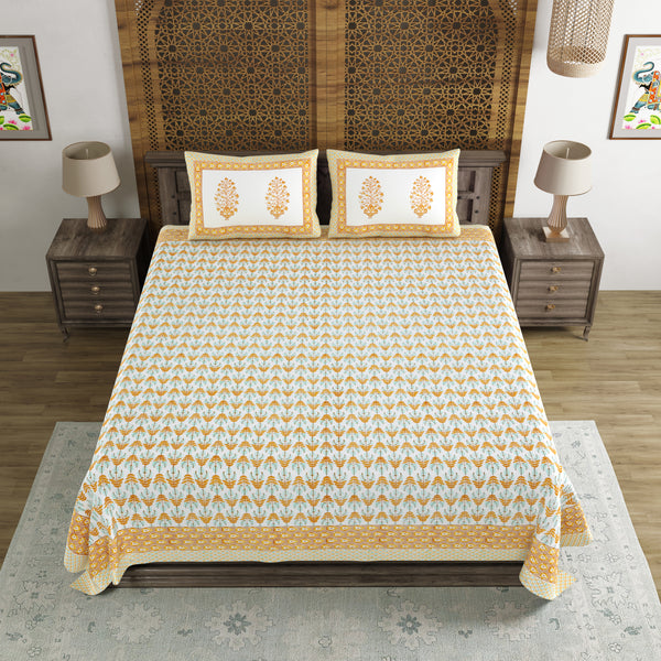 BLOCKS OF INDIA Hand Block Print Cotton King Size Bedsheet (Brown Leaf)