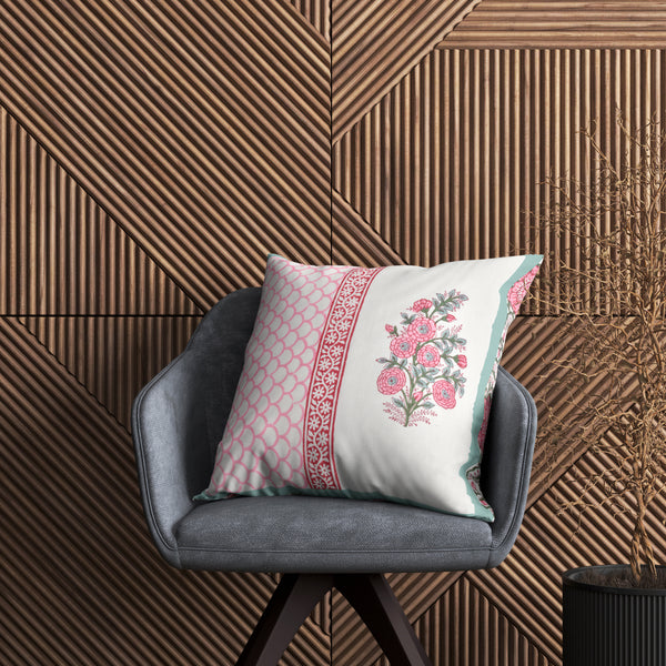 BLOCKS OF INDIA Hand Block Printed Cotton Linen Cushion Cover (40 x 40 cm) (Pink Half)