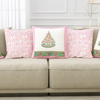 Rajasthani Handmade Hand Block Print Cotton Cushion Cover , Pink Bowl Motifs (5 Pcs)