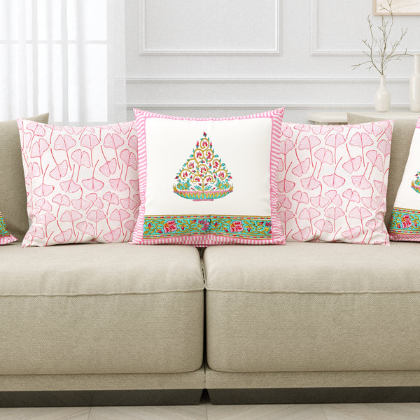 Rajasthani Handmade Hand Block Print Cotton Cushion Cover , Pink Bowl Motifs (5 Pcs)