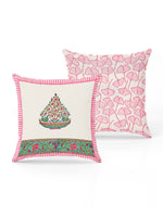 Rajasthani Handmade Hand Block Print Cotton Cushion Cover , Pink Bowl Motifs (5 Pcs)