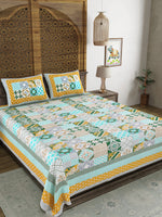 King Size Pure Cotton Hand Block Print Bedsheet (Green chokdi)
