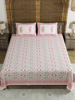 King Size Pure Cotton Hand Block Print Bedsheet (Pink Floral)