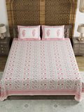 King Size Pure Cotton Hand Block Print Bedsheet (Pink Floral)