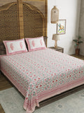 King Size Pure Cotton Hand Block Print Bedsheet (Pink Floral)