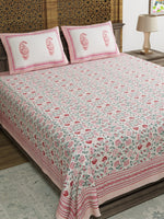 King Size Pure Cotton Hand Block Print Bedsheet (Pink Floral)