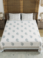 King Size Pure Cotton Hand Block Print Bedsheet (Grey Boota Paisley)