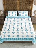 King Size Pure Cotton Hand Block Print Bedsheet (Blue Kairi)