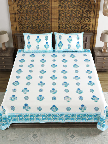 King Size Pure Cotton Hand Block Print Bedsheet (Blue Kairi)