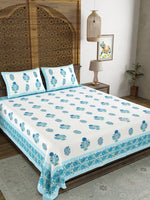 King Size Pure Cotton Hand Block Print Bedsheet (Blue Kairi)