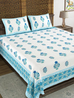 King Size Pure Cotton Hand Block Print Bedsheet (Blue Kairi)