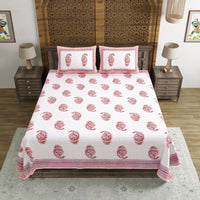 King Size Pure Cotton Hand Block Print Bedsheet (Pink Paisley)